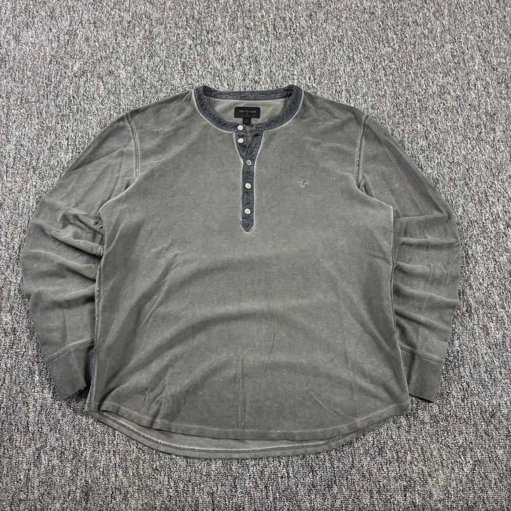True Religion Henley Shirt Y2K Vintage Embroidered Logo Long Sleeve Grey Large